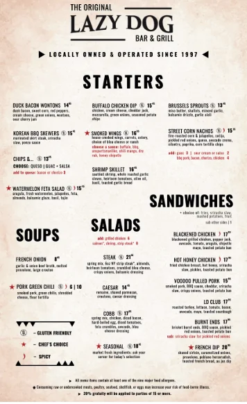 Lazy Dog Restaurant & Bar menu USA prices 2026