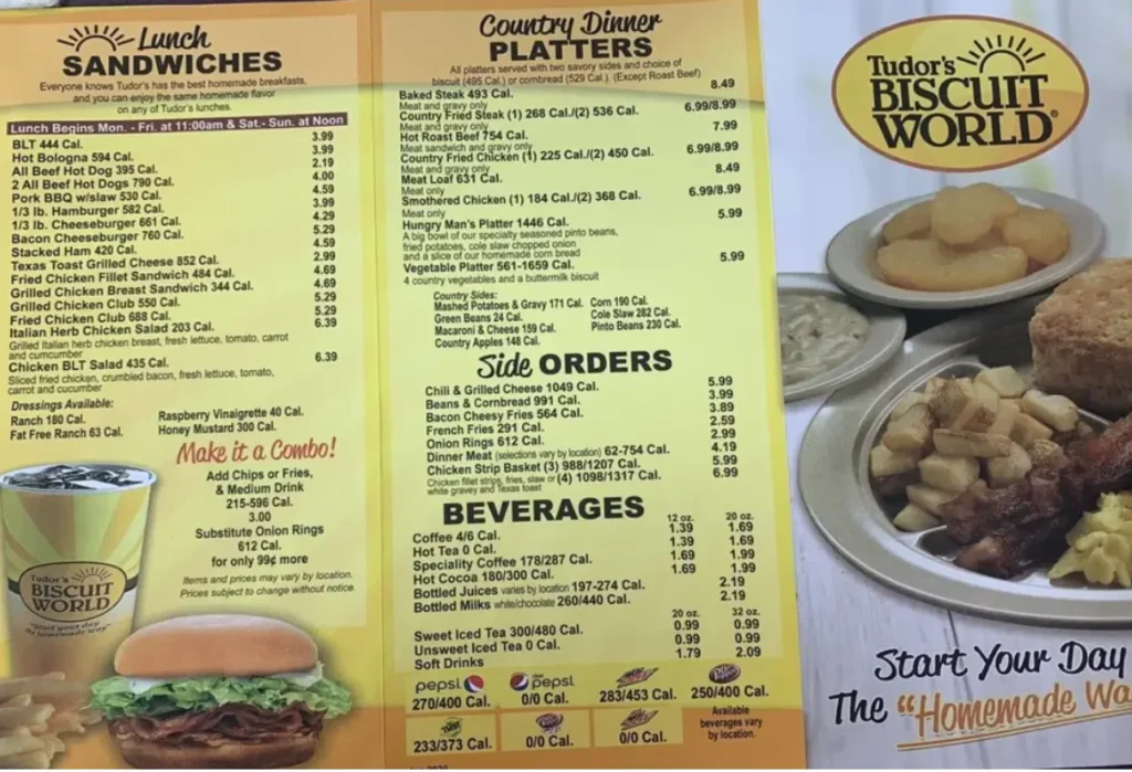 Tudor’s Biscuit World menu with biscuits, breakfast sandwiches, and coffee