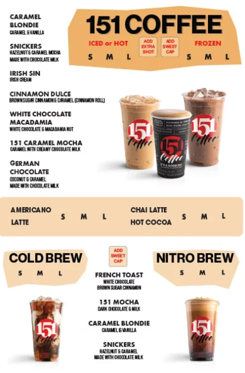 151 Coffee Menu USA Prices 2026 with coffee, energy drinks, teas, smoothies and shakes