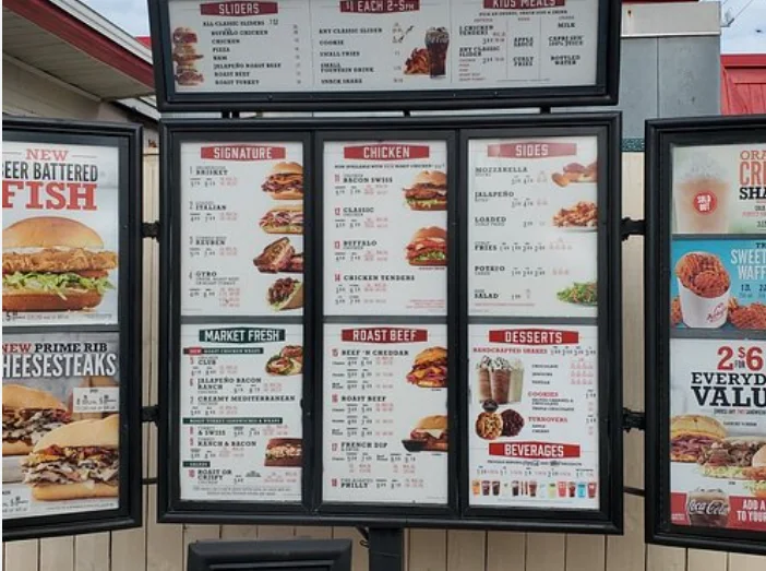 Arby’s Menu USA Prices 2026 with sandwiches, Curly Fries, meals, drinks and desserts