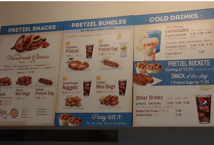 Auntie Anne’s Menu USA Prices 2026 featuring pretzels, nuggets, drinks and dips