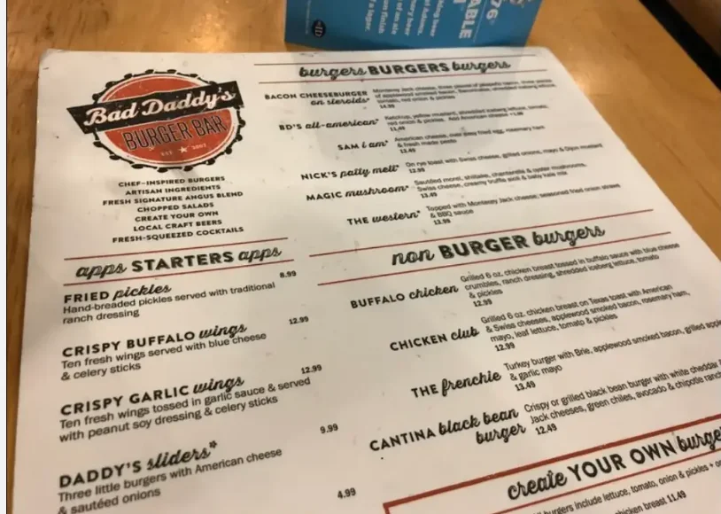 Bad Daddy’s Menu USA Prices 2026 featuring burgers, sides, shakes, and menu items