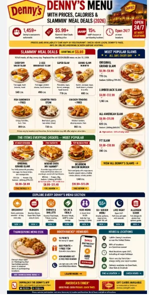 Denny’s Menu USA Prices 2026 with breakfast, burgers, dinners, desserts, and beverages