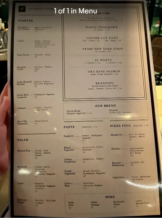 Amalfi Llama Menu USA Prices 2026 with Italian-inspired dishes and wood-fired specialties