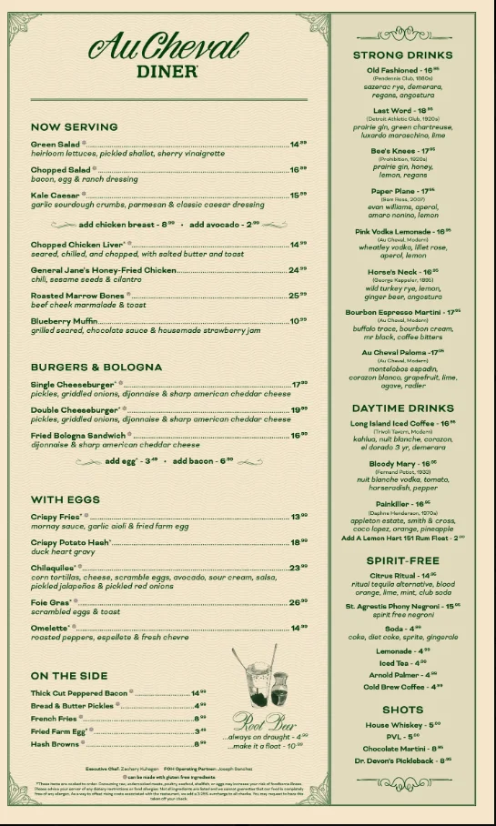 Au Cheval Menu USA Prices 2026 featuring the famous Double Cheeseburger, brunch dishes, steak frites, fries, cocktails, and desserts
