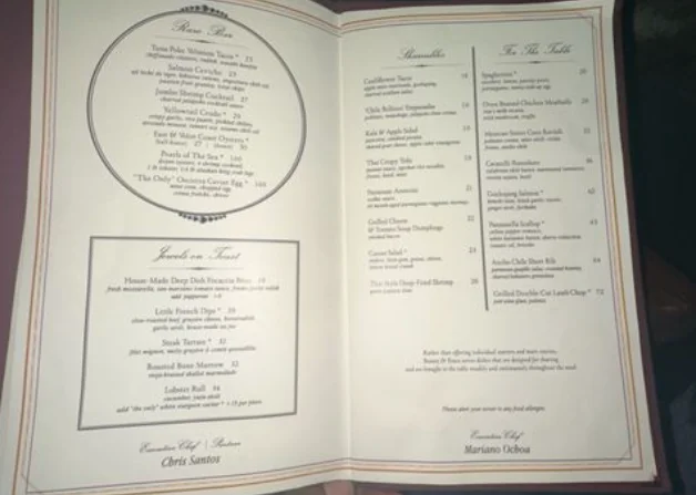 Beauty & Essex Las Vegas Menu USA Prices 2026 featuring signature steaks, seafood, shareable appetizers, desserts, and upscale dining at The Cosmopolitan Las Vegas