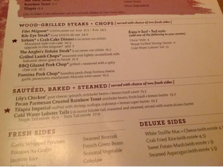 Bonefish Grill Menu USA Prices 2026 with seafood, grilled entrées, sides, and desserts