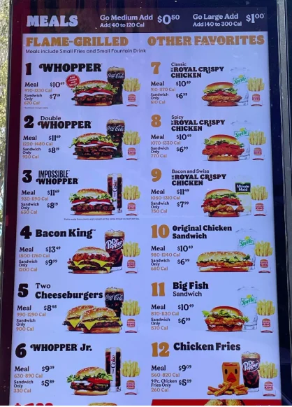 Burger King Menu USA Prices 2026 with Whopper burgers, chicken meals, fries and drinks