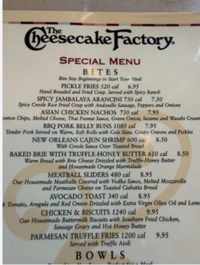 Cheesecake Factory menu USA prices 2026 with popular food and cheesecake selections