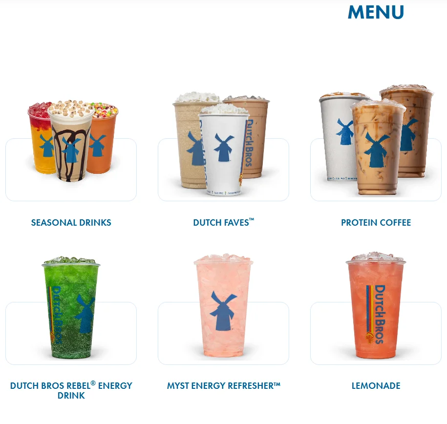 Dutch Bros Menu USA Prices 2026 featuring coffee, Rebel energy drinks, Freeze beverages, seasonal drinks, lemonades, teas, smoothies, and snacks.