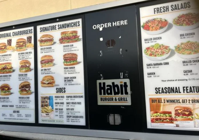 The Habit Burger Grill menu with Charburger, fries, sides, and drinks