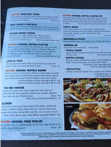 Hooters Menu USA Prices 2026 with wings, burgers, seafood, and sides