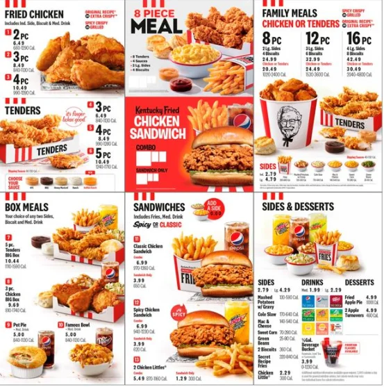 KFC Menu USA Prices 2026 with chicken meals, tenders, nuggets and sides