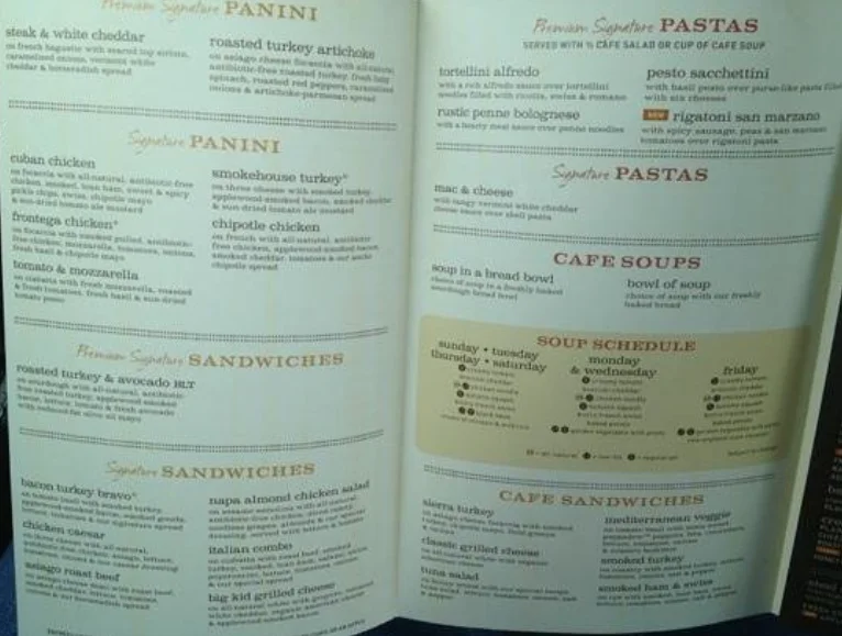 Panera Bread Menu USA Prices 2026 with sandwiches soups salads breakfast and bakery items