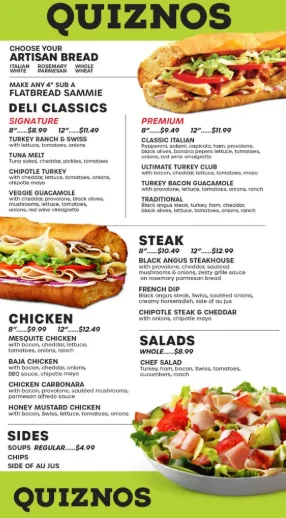 Quiznos Menu USA Prices 2026 with toasted subs and menu items