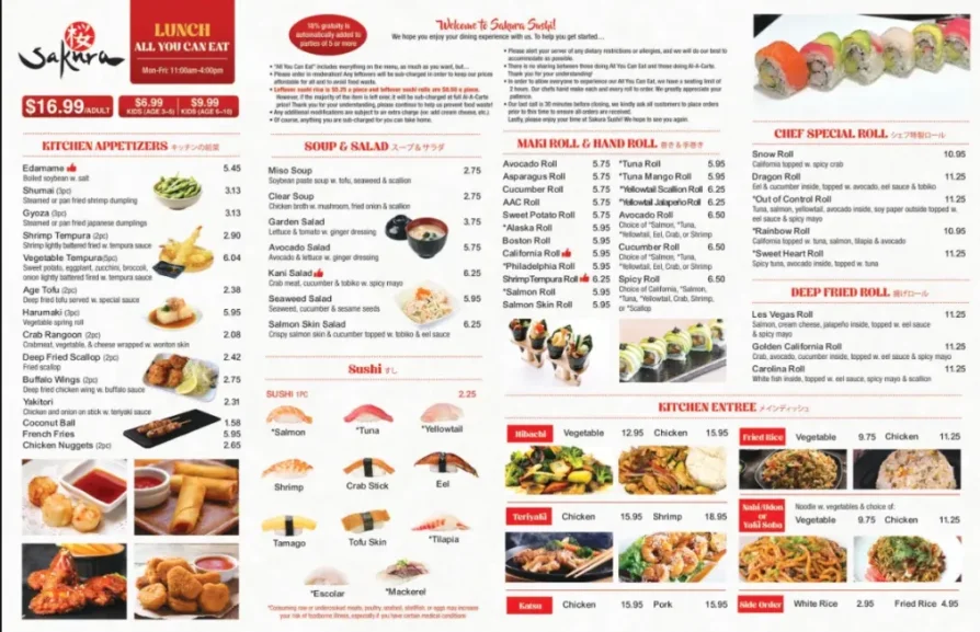 Sakura Menu USA Prices 2026 featuring sushi, hibachi, seafood, noodles and Japanese dishes