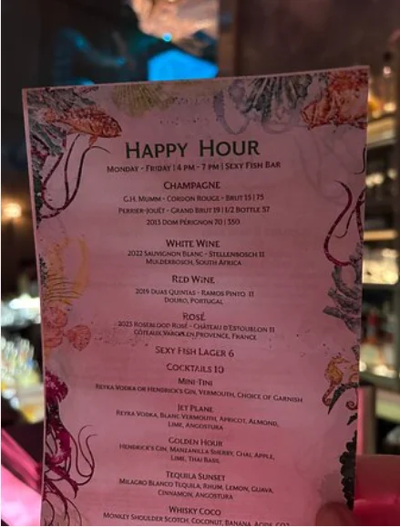 Sexy Fish Miami menu with sushi seafood Wagyu and dessert prices