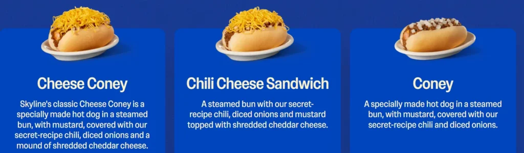 Skyline Chili Menu USA Prices 2026 featuring Cheese Coneys, 3-Way spaghetti, Chili Cheese Fries, burritos, desserts, and drinks.