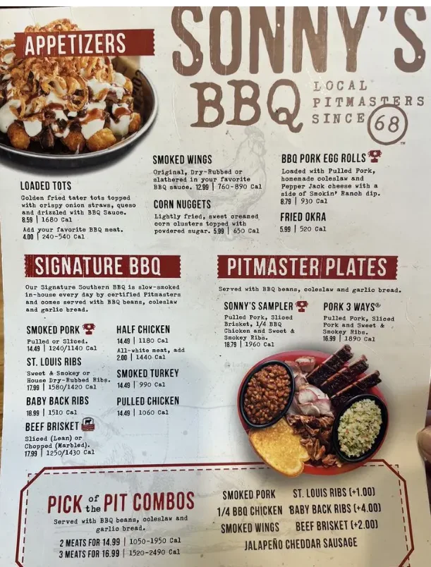 Sonny’s BBQ menu USA prices 2026 featuring BBQ ribs, brisket, sandwiches and sides