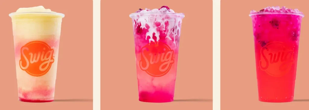 Swig Menu USA Prices 2026 featuring Dirty Sodas, Refreshers, Sweet Tea, cookies, pretzel bites, and seasonal drinks.