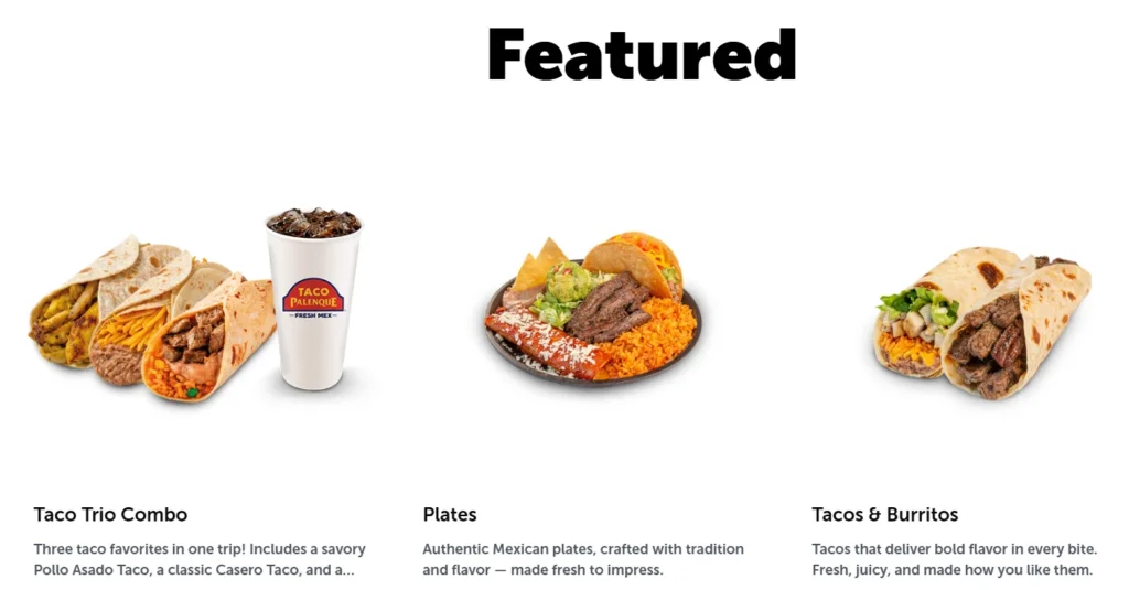 Taco Palengue menu featuring tacos, burritos, fajitas, breakfast plates, family platters, drinks, and desserts with updated USA prices for 2026.