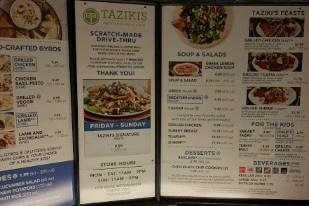 Taziki’s Menu USA Prices 2026 with Mediterranean gyros, pitas, feasts, sides, and catering options