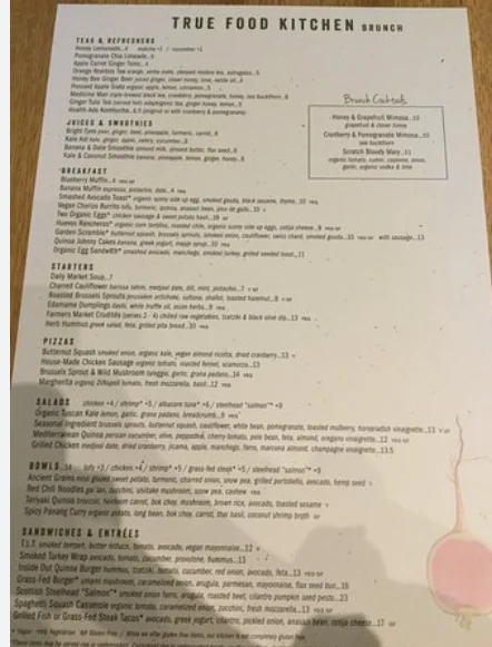 True Food Kitchen Menu USA Prices 2026 with food and drink options