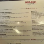 Uncle Julios Menu USA Prices 2026 featuring fajitas, tacos, enchiladas, appetizers, desserts, family meals, and Tex-Mex specialties.