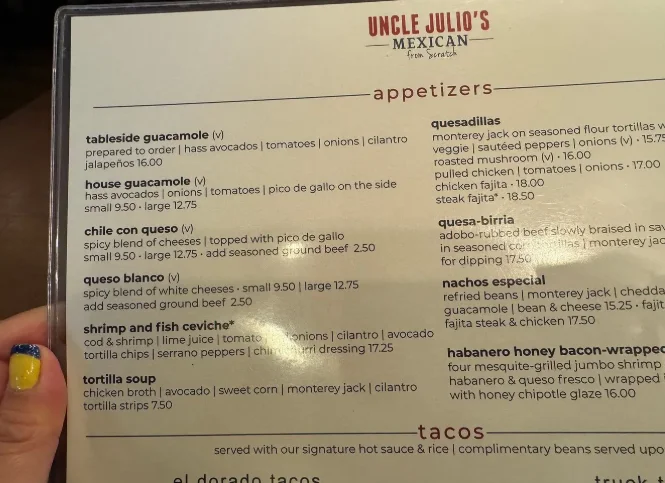 Uncle Julios Menu USA Prices 2026 featuring fajitas, tacos, enchiladas, appetizers, desserts, family meals, and Tex-Mex specialties.