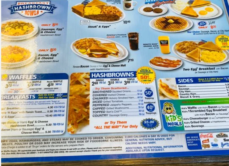 Waffle House Menu USA Prices 2026 with breakfast waffles, hashbrowns, sandwiches, and beverages