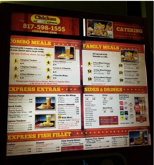 Chicken Express menu prices 2026 with fried chicken, tenders, sides, drinks, and family meals