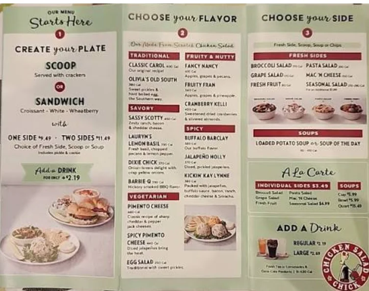 Chicken Salad Chick menu with chicken salad, sandwiches, sides and desserts