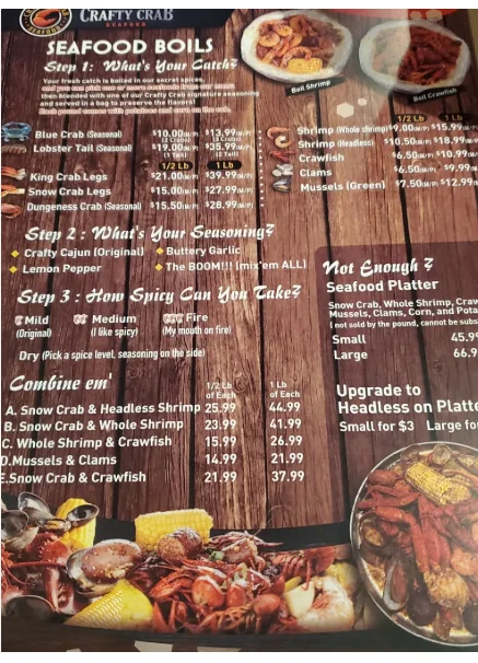 Crafty Crab menu with seafood boil, crab legs, shrimp, and Cajun-style seafood options Select 86 more words to run Humanizer.