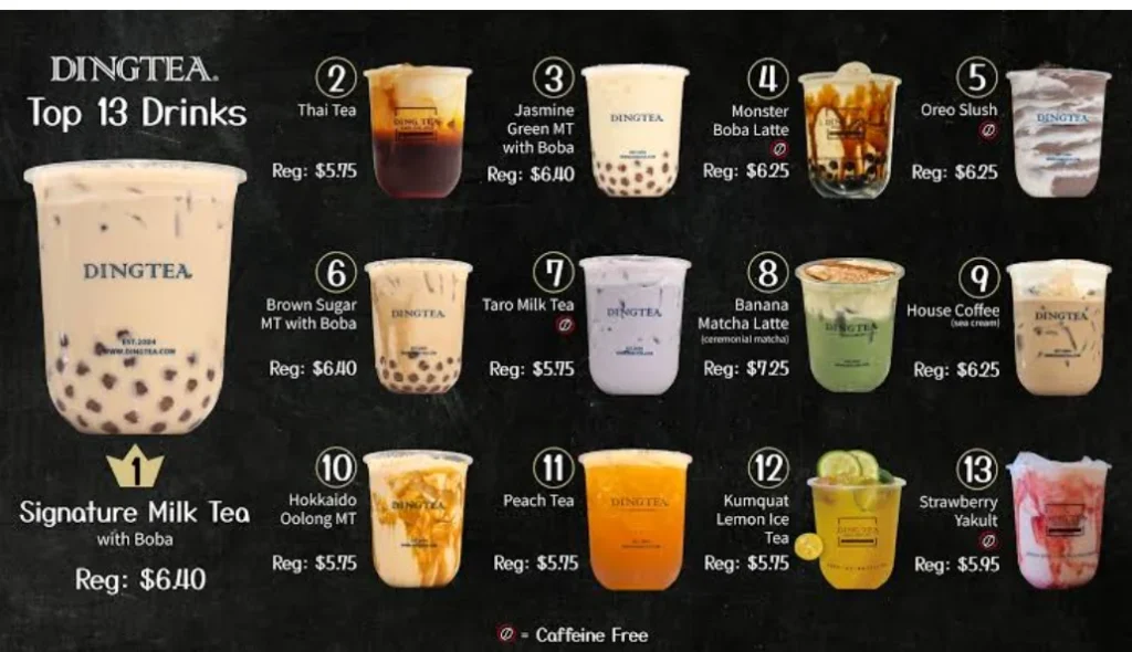 Ding Tea menu and bubble tea drinks in Orlando