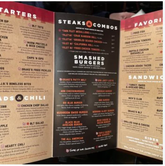 Drake's Menu USA with burgers, sushi, steaks and restaurant favorites