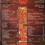 Fiery Crab menu with seafood boils, shrimp, crab, oysters, and seafood dishes