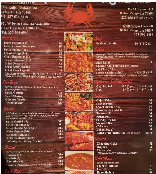 Fiery Crab menu with seafood boils, shrimp, crab, oysters, and seafood dishes