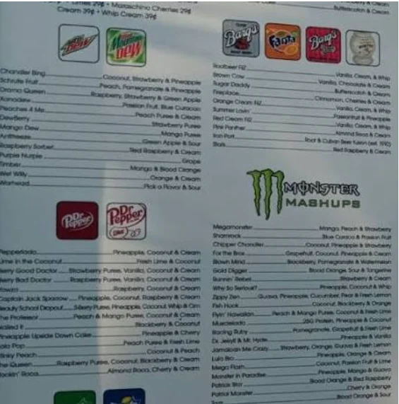 FiiZ Menu USA specialty sodas, frozen drinks, energy drinks and snacks