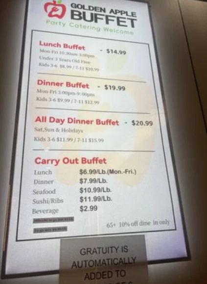 Golden Apple Buffet menu and buffet dining selection