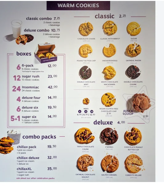 Insomnia Cookies menu with warm cookies, ice cream, brownies, and Cookie Cake options