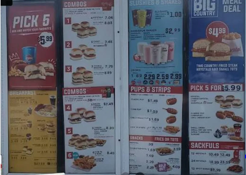 Krystal Menu USA with burgers, breakfast, chicken, sides and current menu prices