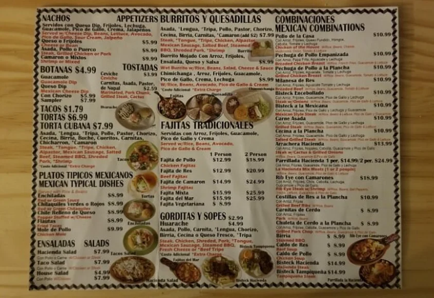 La Hacienda Mexican food menu