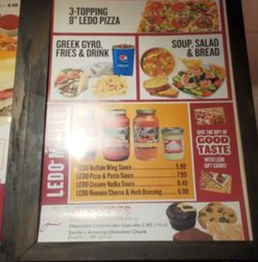 Ledo's Menu Prices 2026 featuring square pizza, wings, subs and pasta