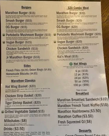 Marathon Burger Menu USA Prices 2026 featuring Wagyu burgers, organic wings, breakfast and combo meals
