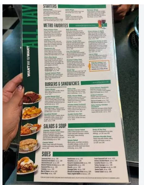 Metro Diner menu with breakfast, burgers, comfort food, family meals, and beverages