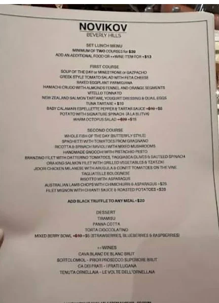 Novikov Beverly Hills menu and restaurant dining area