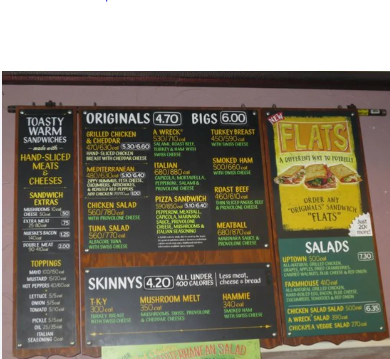 Potbelly menu with sandwiches, salads, soups, cookies and drinks