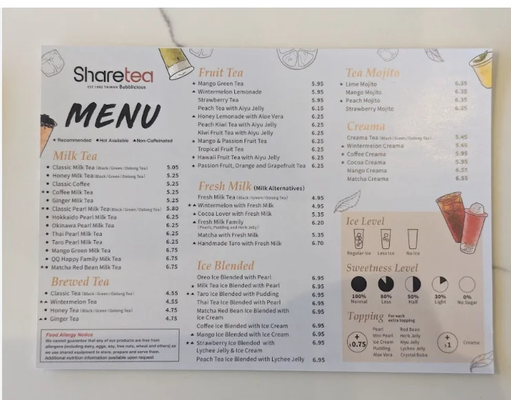 Sharetea menu drinks and bubble tea in the USA