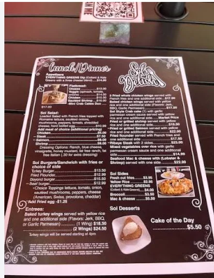 Sol Delish menu featuring Southern soul food, seafood, brunch, and American dishes