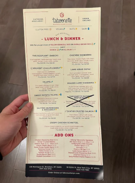 Taboonette menu with prices featuring Mediterranean and Israeli-inspired dishes in New York